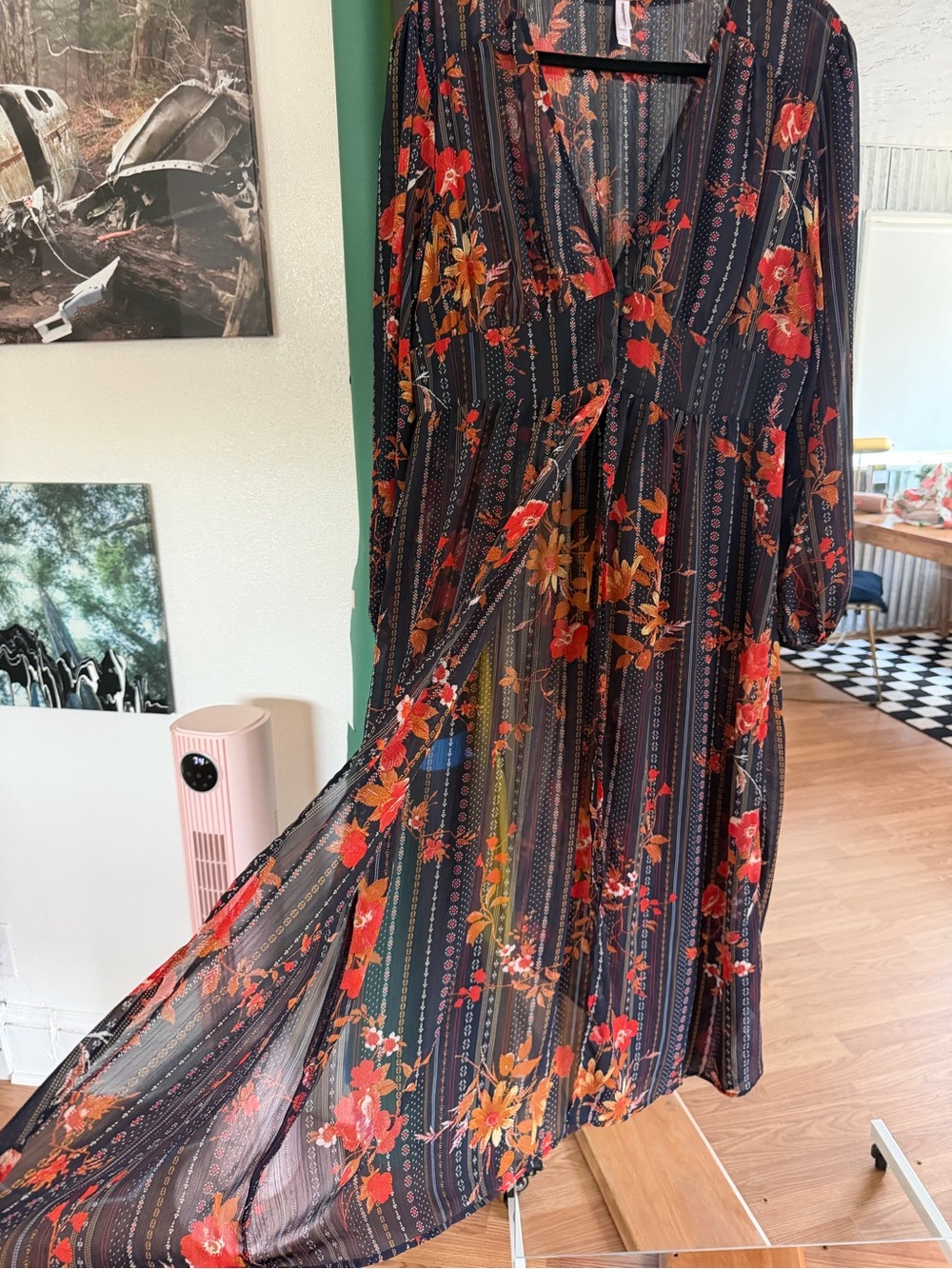 Floral V-Neck Maxi Dress in Black with Red & Orange Flowers